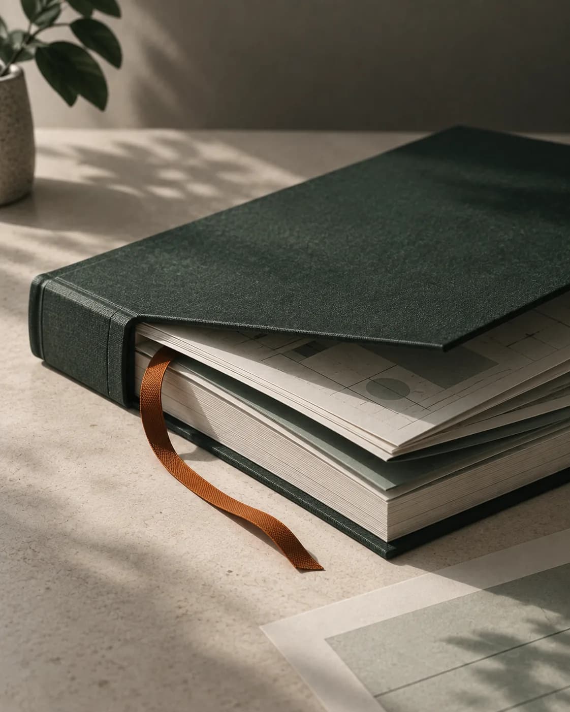 A bound forest-green document lying open on a desk, a terracotta ribbon marker trailing from its pages.