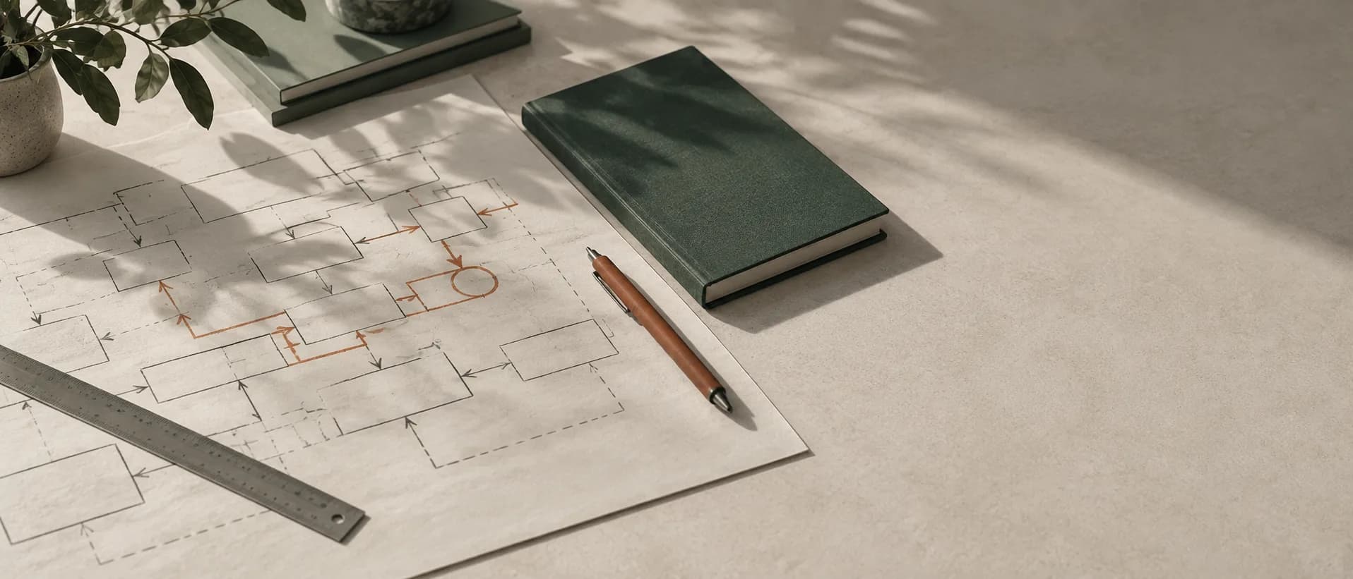 A desk in daylight: a printed process map with several paths traced over in terracotta pencil, a notebook and a pot of pencils.