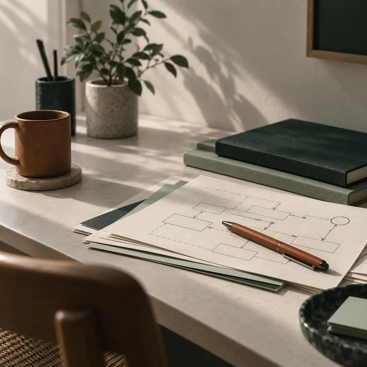 A working desk: papers carrying hand-drawn workflow diagrams, a terracotta pen resting on top.