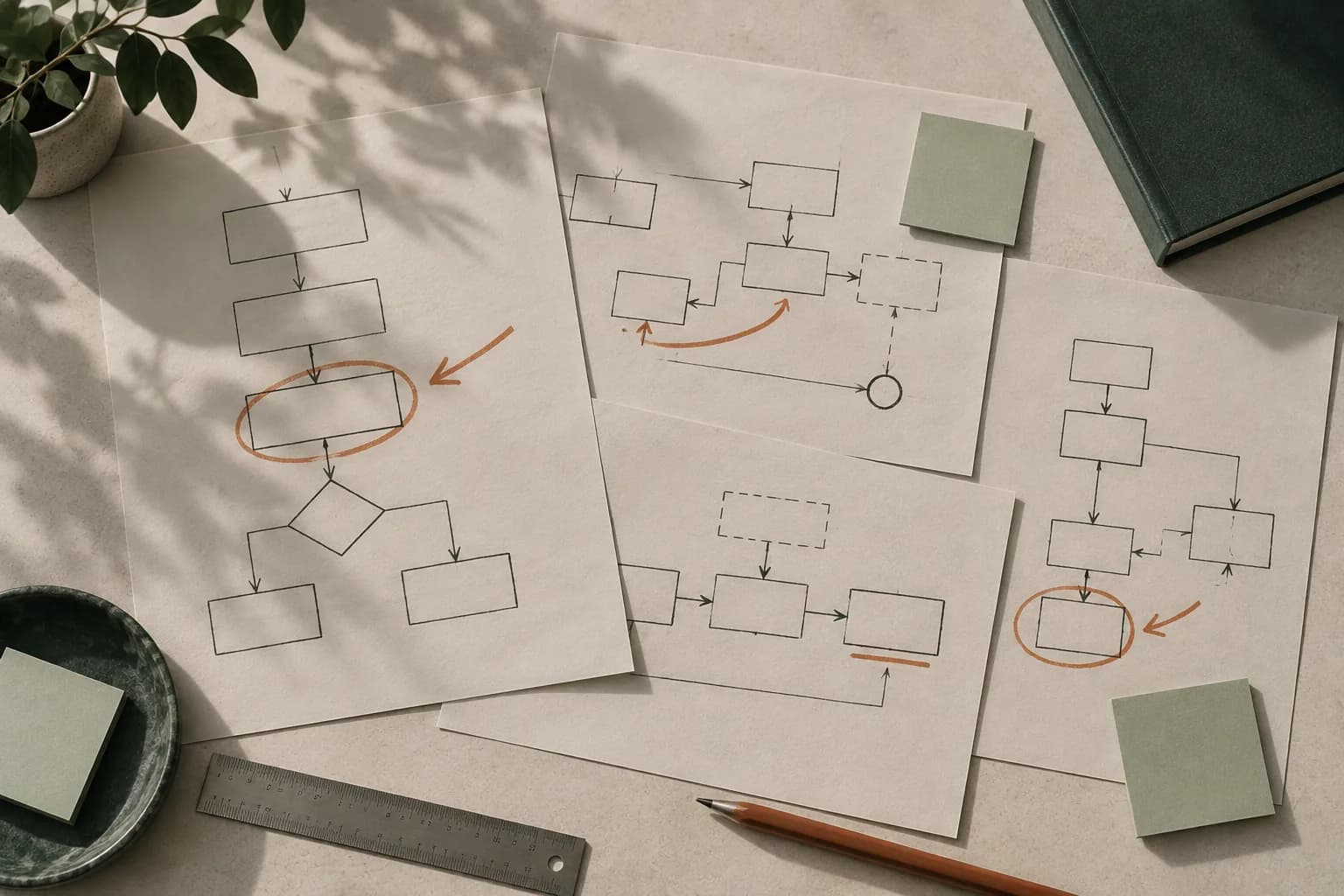 Four printed workflow diagrams overlapping on a desk, with steps circled and re-routed in terracotta pencil.